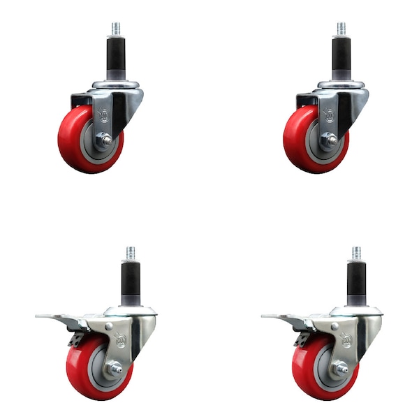 Service Caster 3'' Red Poly Swivel 1-1/8'' Expanding Stem Caster Set 2 Total Lock Brakes, 4PK SCC-EXTTL20S314-PPUB-RED-2-S-2-118 - main
